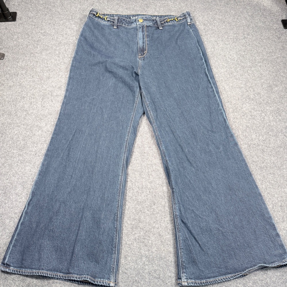 American Eagle High Rise Flare Jeans Dark Wash Horsebit Detail 12 Short